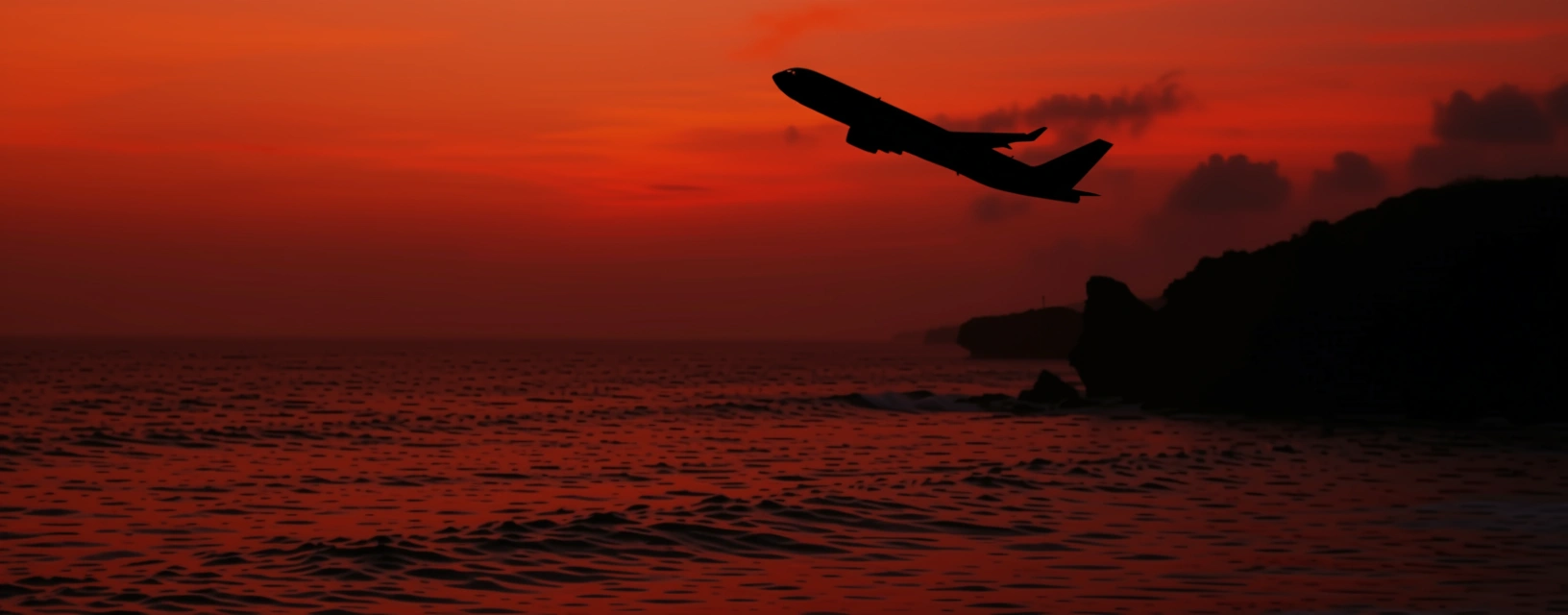 Airplane sunset takeoff